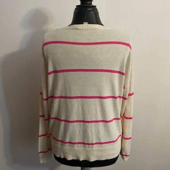 Loft Cream/Pink V-neck Knit sweater. size M - Picture 3 of 4